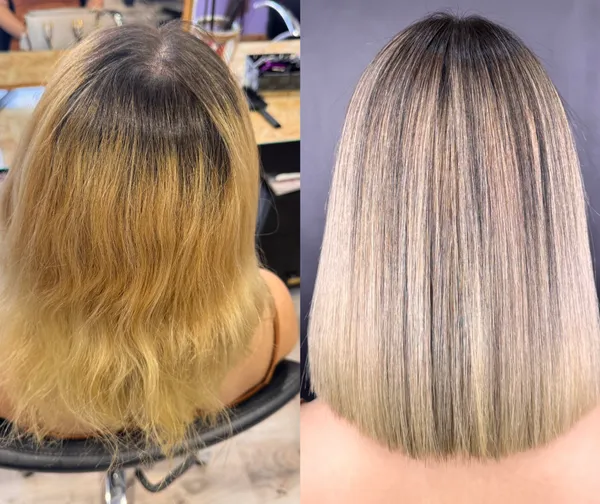 Antes y después: de rubio apagado y encrespado a media melena rubia lisa con extensiones · Al Pelo Estilistas